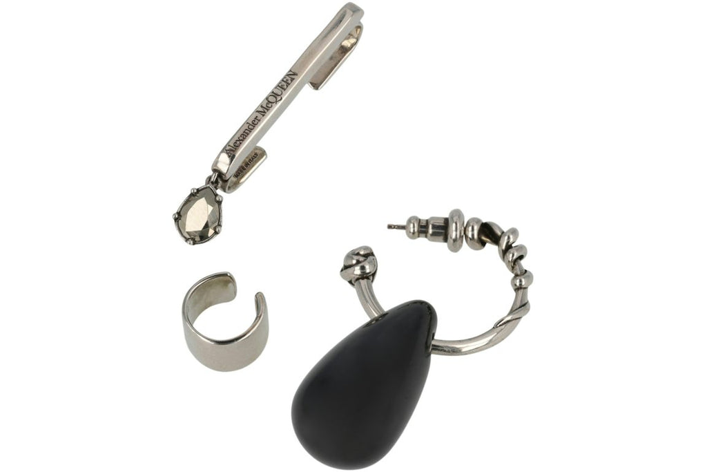 Alexander McQueen 3-Piece Stone Ear Hook Set Silver/Black