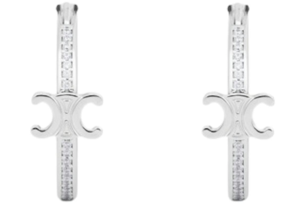 Celine Strass and Brass with Rhodium Finish Triomphe Sparkle Hoops Silver