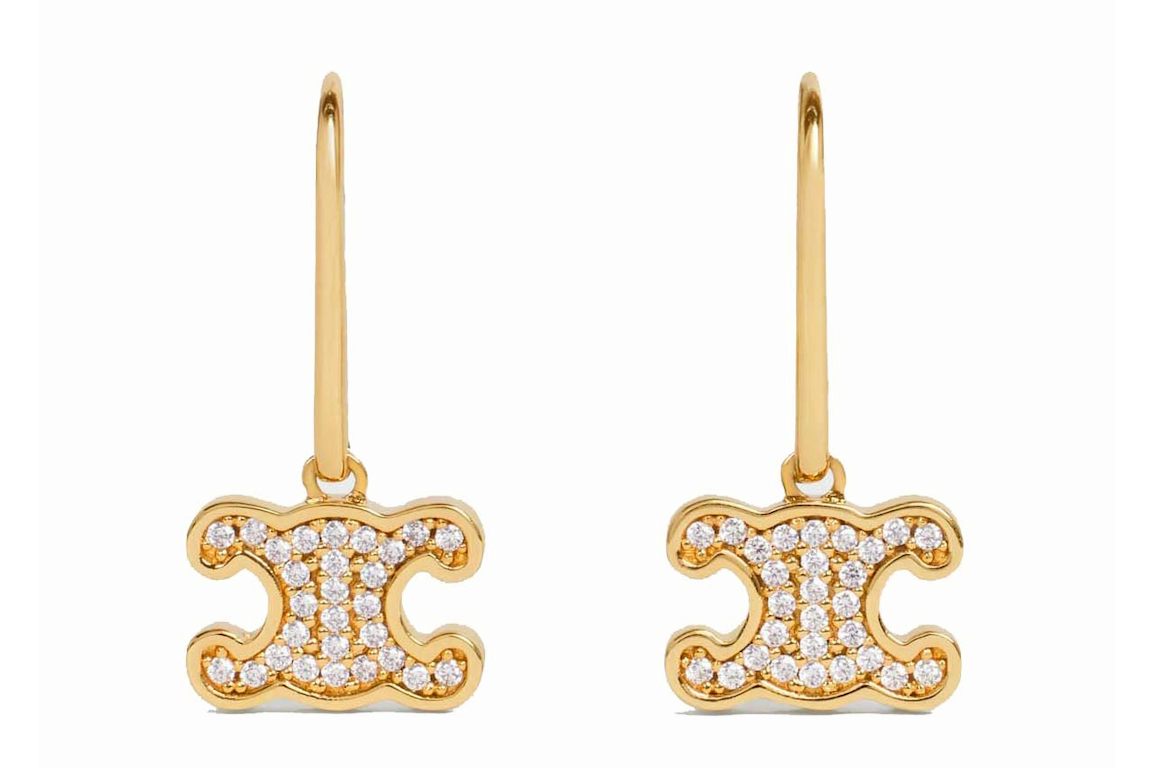 Celine Triomphe Rhinestone Earrings in Brass with Gold Finish and Crystals Gold