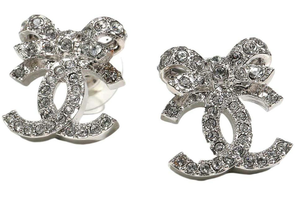 Chanel Bow Tie CC Logo Earrings Silver (ABA922)