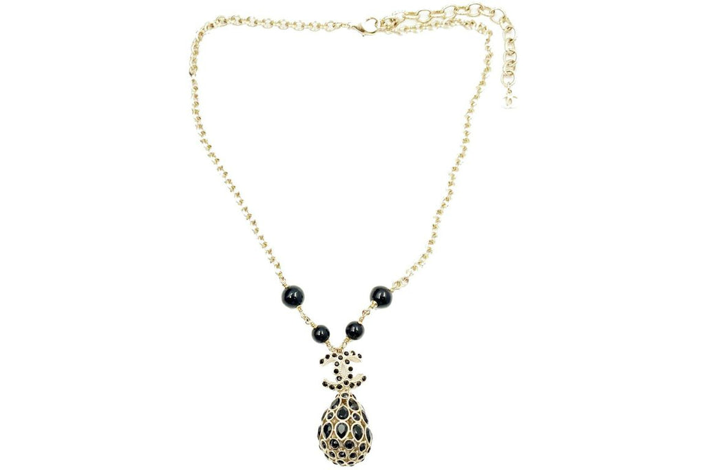 Chanel CC Black Stone Crystal Tear Drop Pendant Necklace Gold