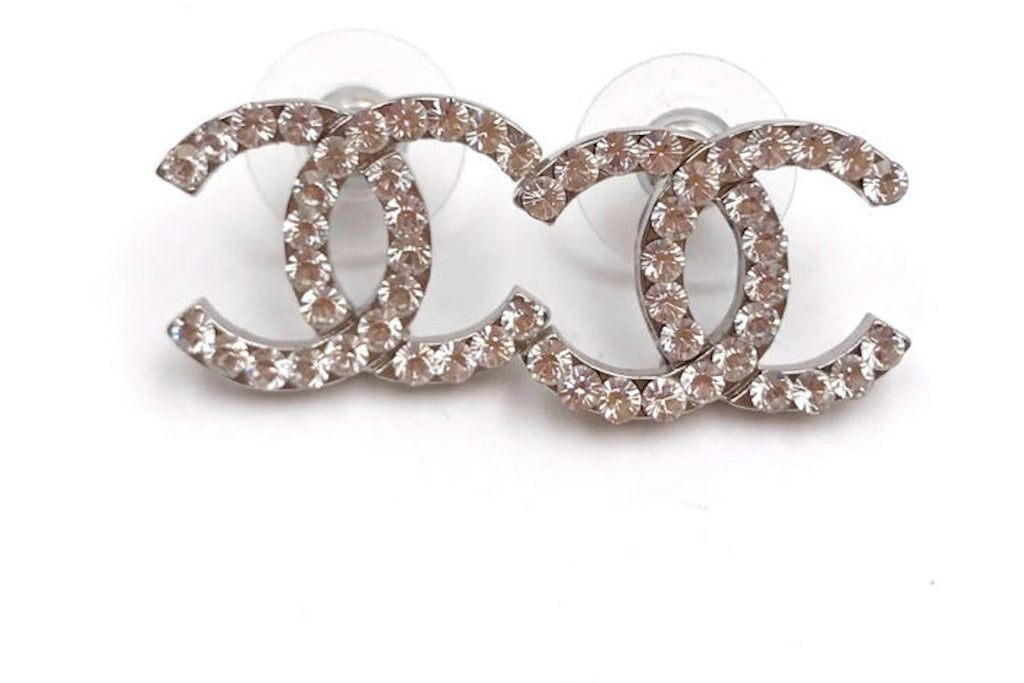 Chanel Classic CC Round Earrings Crystal Silver