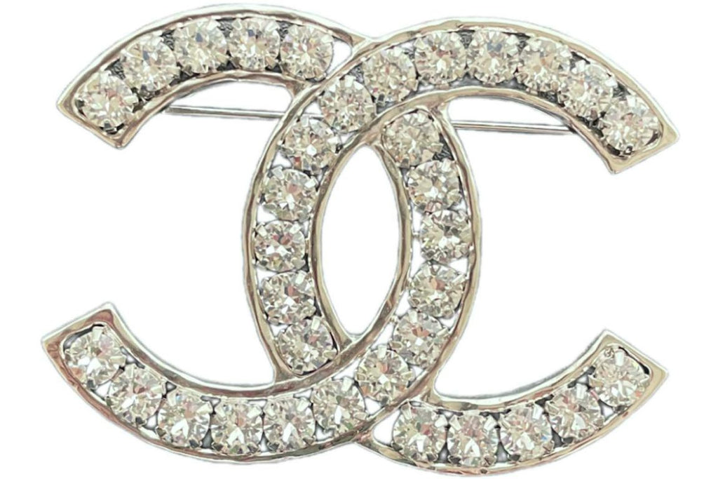 Chanel Crystal CC Logo Brooch Silver