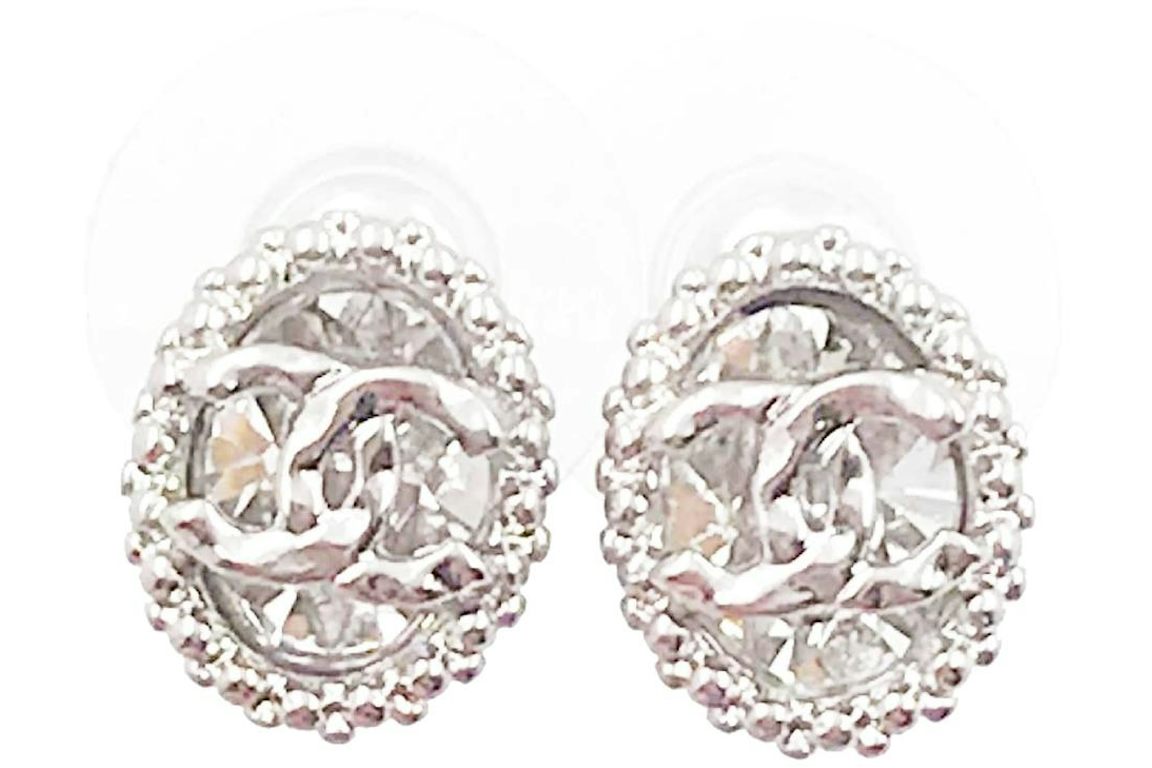 Chanel Oval CC Crystal Earrings Silver