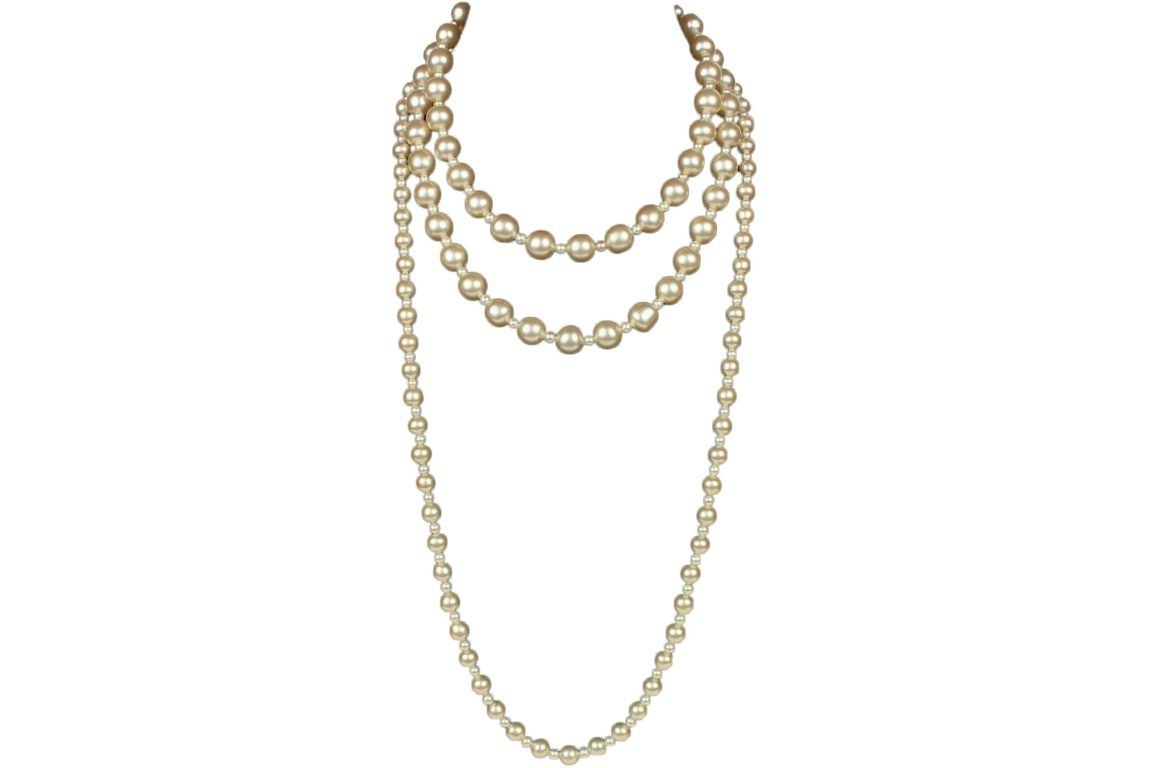 Chanel Pearl Necklace Gold-tone Triple Strand Cream