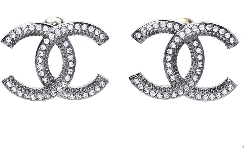Chanel Ruthenium Crystal CC Earrings Silver