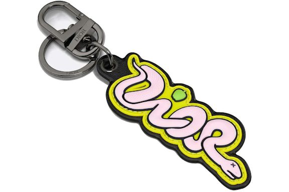 Dior x KAWS Key Ring Yellow Grained Calfskin and Pink and Yellow Rubber