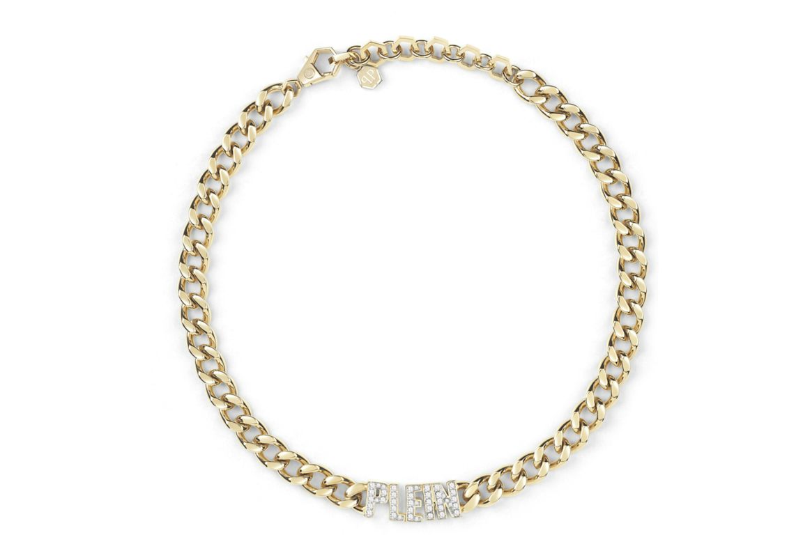 Philipp Plein Lettering Crystal Cuban Links Necklace Gold