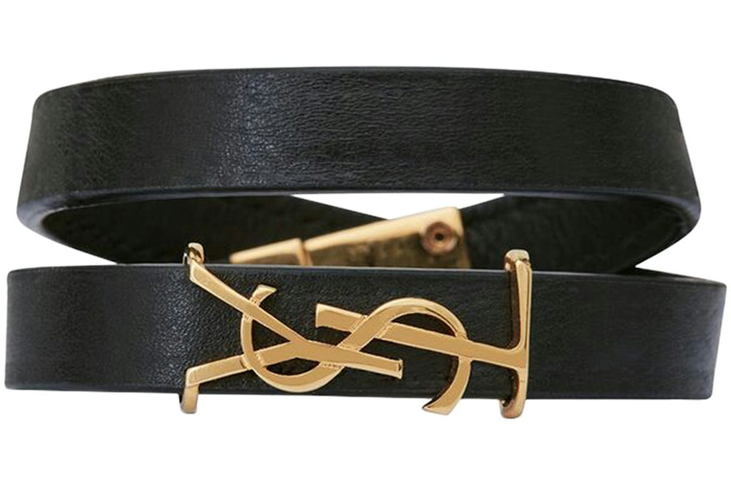 Saint Laurent Opyum Double Wrap Bracelet In Leather And Metal Black/Gold-tone